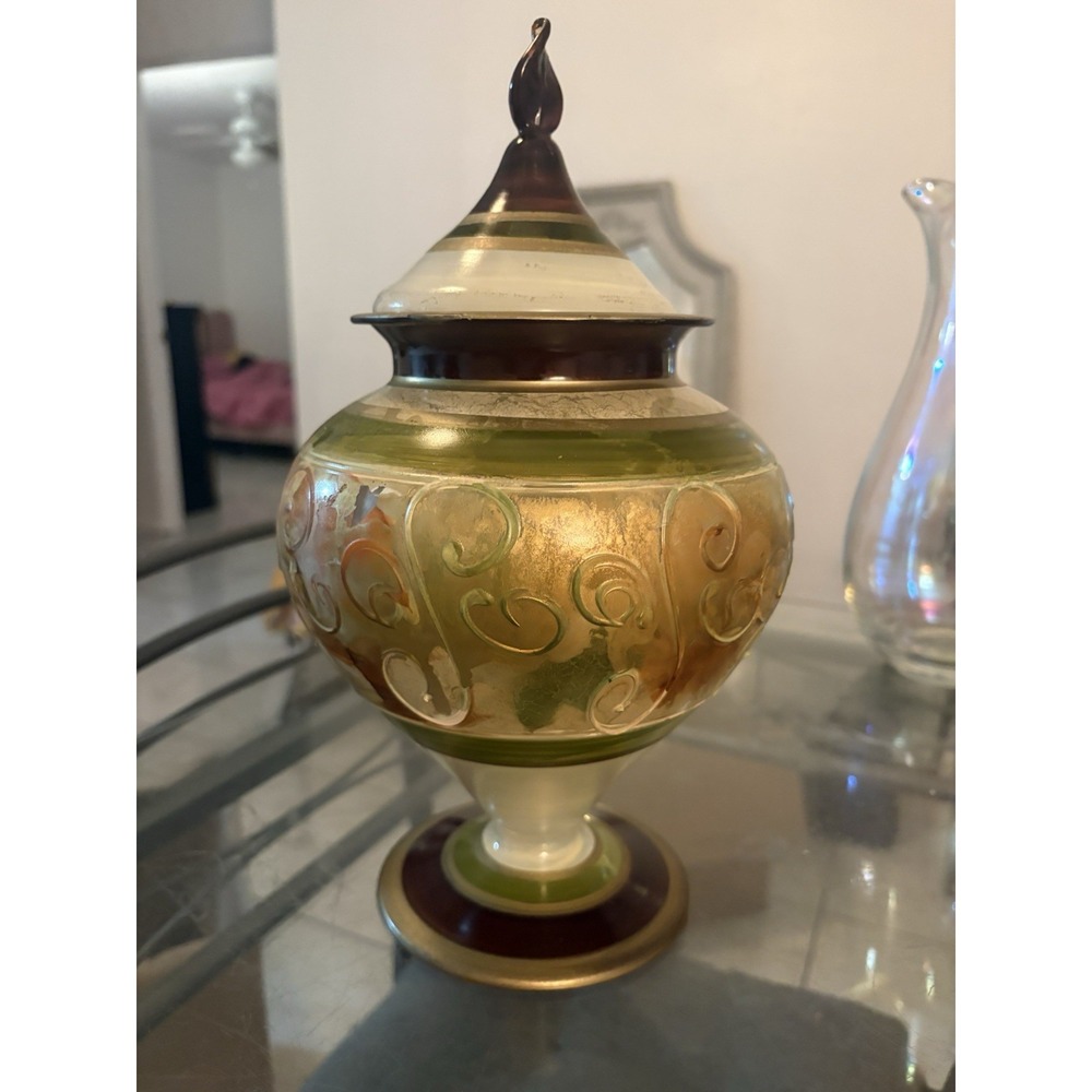 VTG Decorative Glass Urn Jar Pedestal Lid Hand Painted Gold Green Scroll 12"